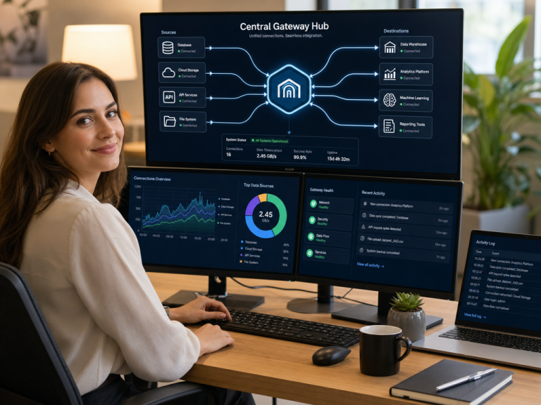 MCP Gateway Explained: What Is an MCP Gateway and Why Do You Need One? 5 Professional woman at a modern desk managing an MCP Gateway on multiple monitors with central hub visualization
