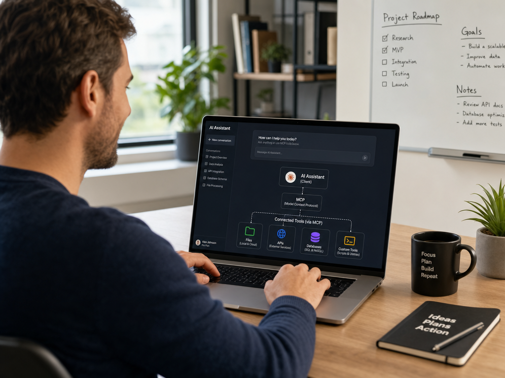 Professional man working at laptop using an MCP Client connected to AI assistant with external tools