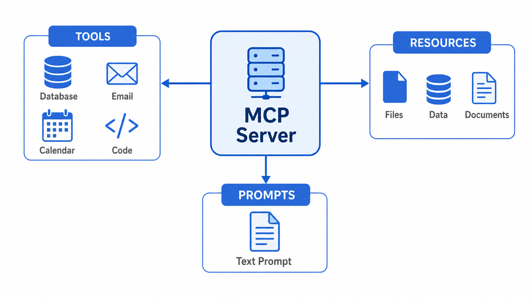 MCP Server Explained: What Is the Model Context Protocol and What Can You Do With It? 2 MCP Server primitives diagram showing Tools, Resources and Prompts as three capability types