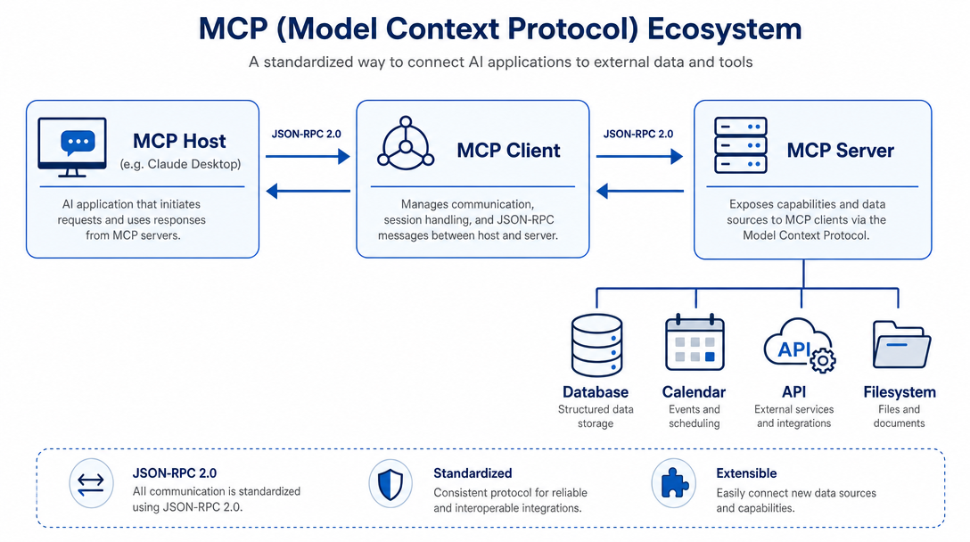 MCP Server Explained: What Is the Model Context Protocol and What Can You Do With It? 1 MCP architecture diagram showing MCP Host, MCP Client and MCP Server connected via JSON-RPC 2.0 with English labels