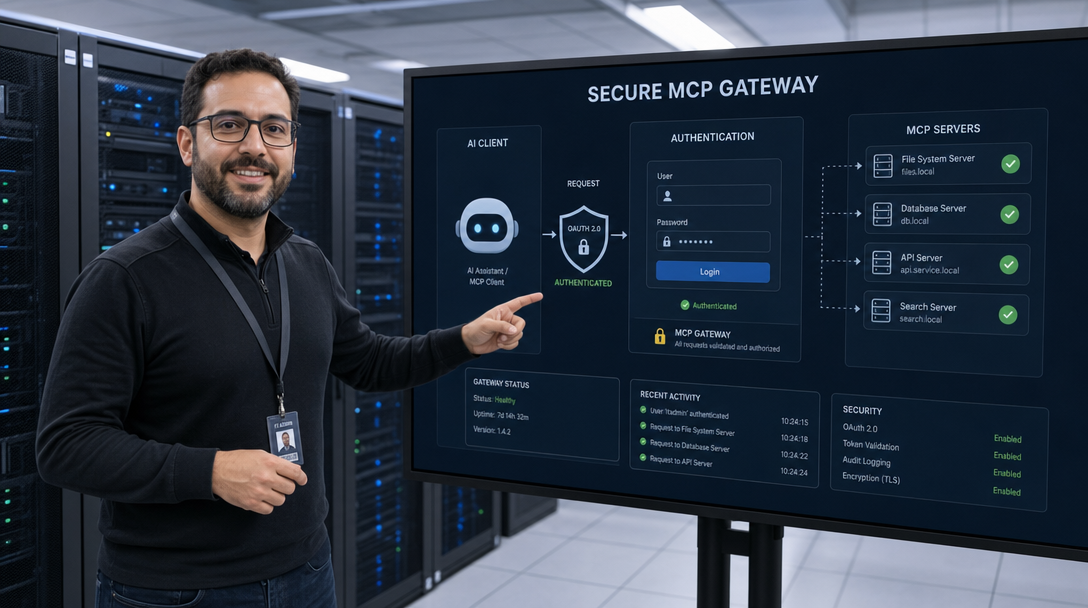 MCP Server Explained: What Is the Model Context Protocol and What Can You Do With It? 4 IT administrator reviewing MCP security gateway dashboard in a server room