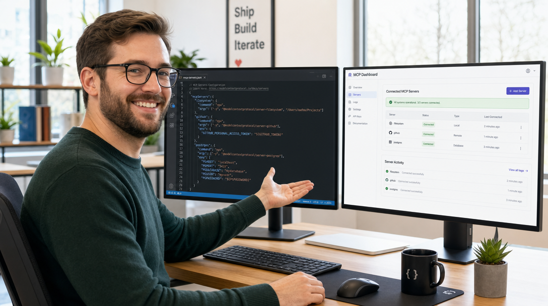 MCP Server Explained: What Is the Model Context Protocol and What Can You Do With It? 3 Developer configuring MCP servers with dual monitors showing JSON configuration and dashboard