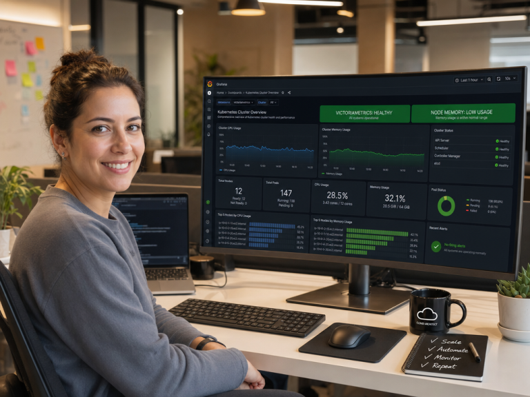 Deploy Lightweight Kubernetes Monitoring with VictoriaMetrics and Grafana on K3s 4 Cloud architect analyzing lightweight Kubernetes cluster monitoring dashboard with VictoriaMetrics and Grafana on K3s