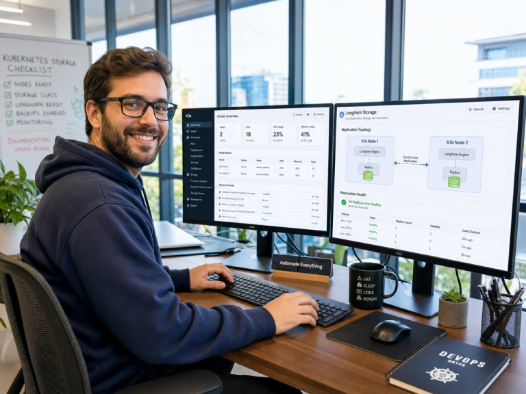 Deploying Longhorn on K3s for Distributed Persistent Block Storage 19 DevOps engineer configuring Longhorn distributed storage on K3s Kubernetes cluster