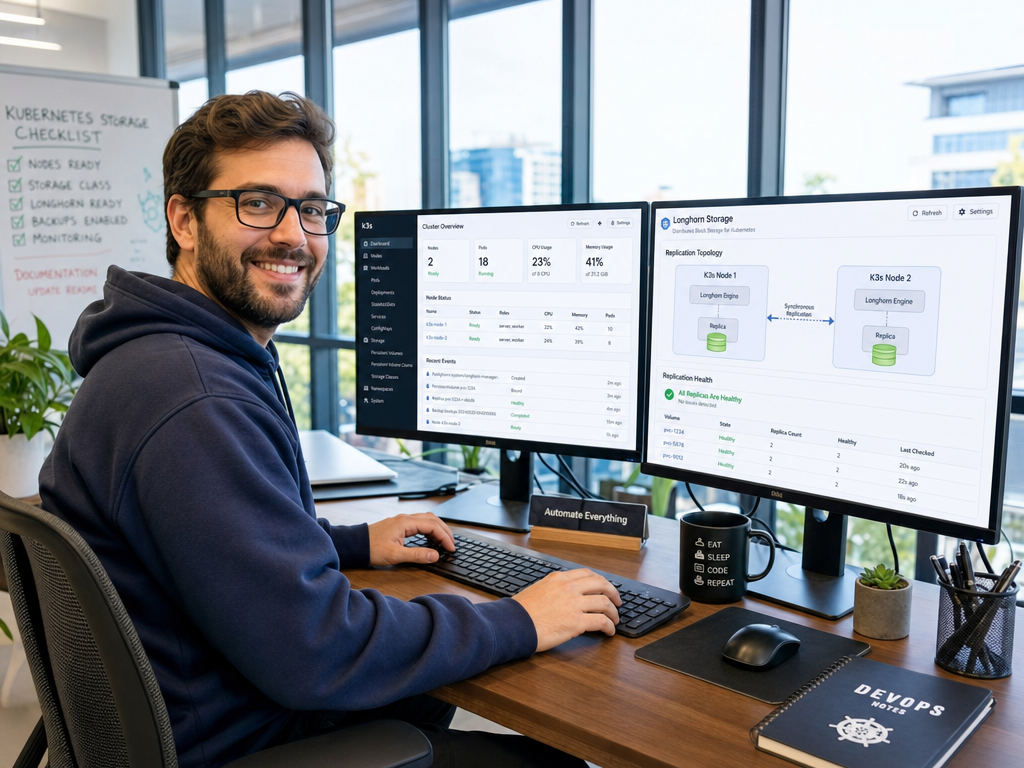 Deploying Longhorn on K3s for Distributed Persistent Block Storage 1 DevOps engineer configuring Longhorn distributed storage on K3s Kubernetes cluster