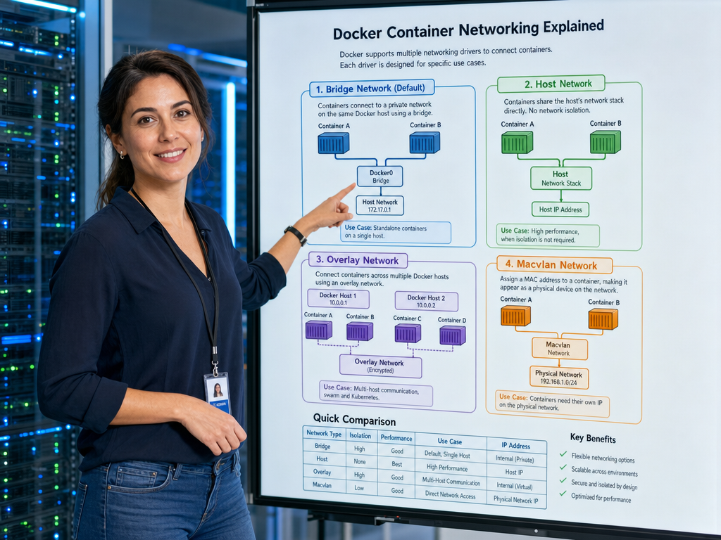 A friendly female IT professional explaining Docker container networking concepts, pointing at a network diagram on a large display showing bridge, host, overlay, and macvlan networks in a modern server room setting.