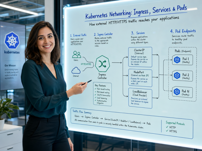 Kubernetes Services & Ingress: The Complete Traffic Routing Guide 1 A friendly smiling female cloud architect in a modern tech office presenting a Kubernetes networking diagram on an illuminated glass whiteboard, showing Ingress controller routing external HTTP and HTTPS traffic to ClusterIP, NodePort, and LoadBalancer services and Pod endpoints.