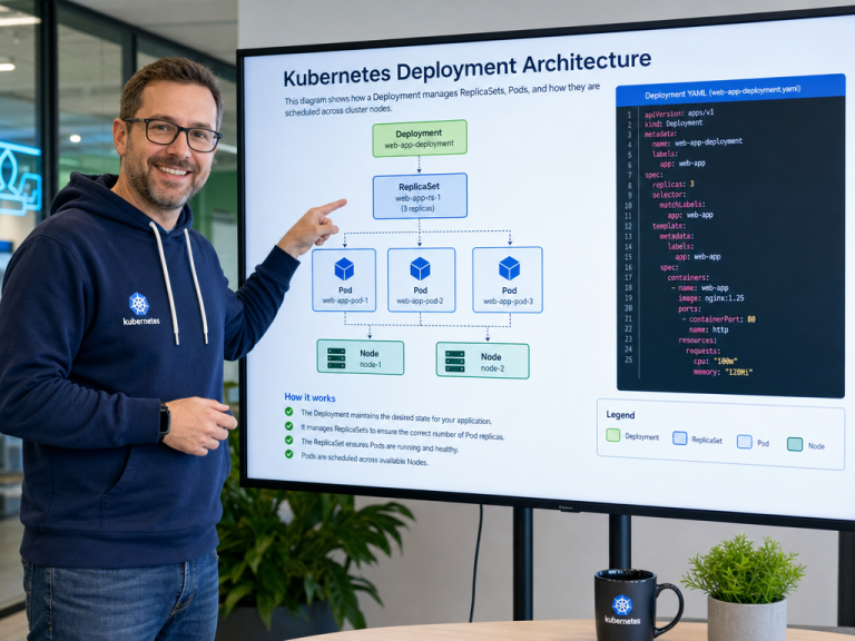 Kubernetes Deployments: A Comprehensive Deep Dive into Workload Management 2 A friendly male DevOps engineer explaining Kubernetes deployments architecture, pointing at a deployment diagram with pods and replica sets on a large screen in a modern IT office.
