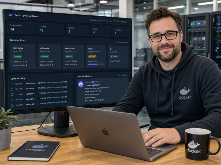 How to Automate Docker Container Updates with Watchtower and Discord Notifications 5 DevOps engineer monitoring automated Docker container updates and Discord webhook notifications via Watchtower