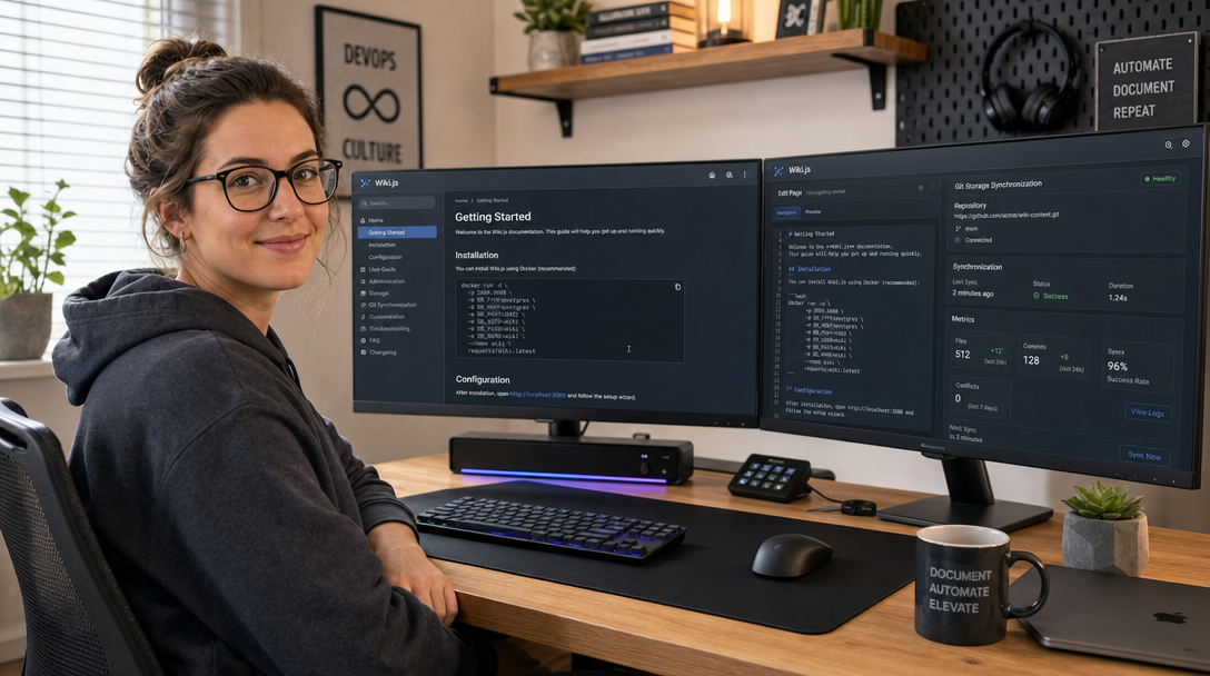 DevOps engineer configuring Wiki.js with Docker Compose and PostgreSQL for internal team documentation