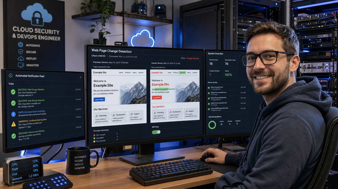Sicherheits- und DevOps-Ingenieur überwacht automatisierte Webseiten- und API-Änderungen in ChangeDetection.io an einem modernen Monitor-Arbeitsplatz