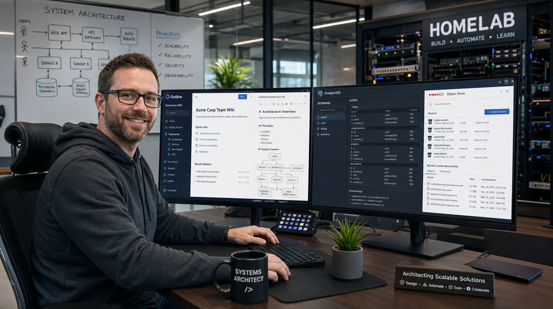 Systems-Architekt konfiguriert Outline Knowledge-Base mit Docker Compose und MinIO