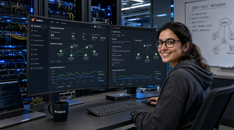 Zero-Trust Mesh VPN: How to Deploy NetBird with Docker Compose and Caddy for High-Performance Peer-to-Peer Networking 2 Eine Netzwerkarchitektin konfiguriert ein NetBird Zero-Trust Mesh VPN mit Docker Compose und Caddy im Rechenzentrum