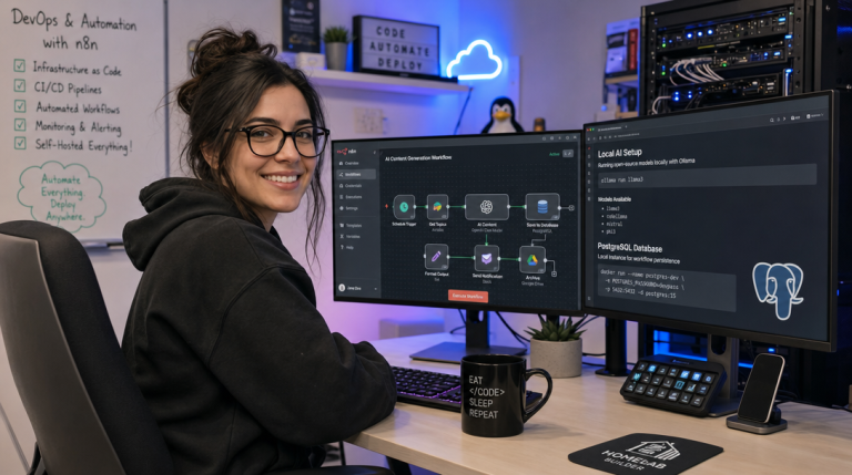 Self-Host n8n with Docker Compose, PostgreSQL, and Ollama: Private AI-Powered Workflow Automation 6 DevOps-Ingenieurin bei der Konfiguration von n8n Workflow-Automation mit Docker Compose, PostgreSQL und Ollama im Homelab