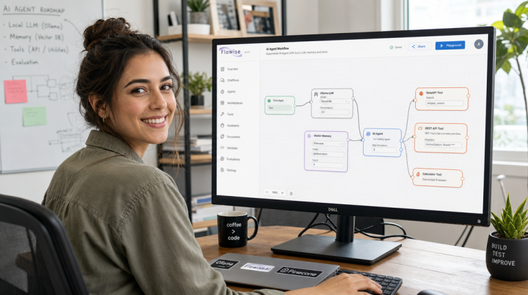 Self-Host Flowise AI with Docker Compose: Visual Local Multi-Agent Workflows with Ollama 2 Entwicklerin erstellt visuelle KI-Agenten und Workflows mit Flowise und Ollama in Docker