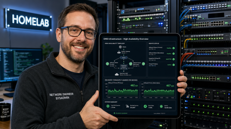 High-Availability DNS: How to Deploy Dual AdGuard Home with Keepalived and AdGuardHome-Sync in Docker 20 Network engineer inspecting dual AdGuard Home high-availability DNS setup with Keepalived Virtual IP in Docker