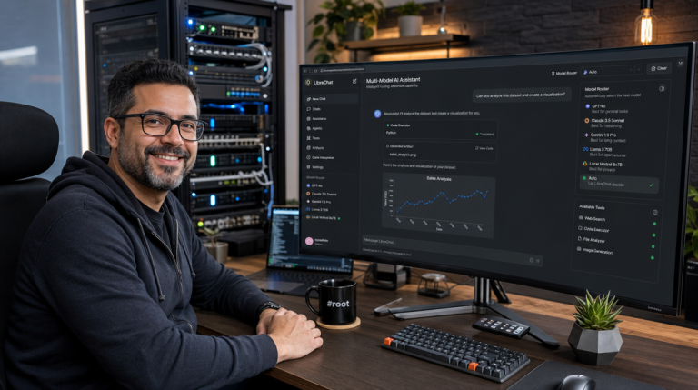 Self-Host LibreChat with Docker Compose and Ollama: Multi-Model AI Interface with Artifacts and Code Execution 3 IT-Architekt an einem modernen Arbeitsplatz mit LibreChat Benutzeroberfläche und Server-Rack