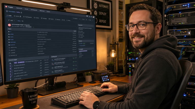 How to Self-Host Forgejo with Docker Compose and Caddy: Lightweight, Independent Git Forge 2 DevOps-Ingenieur verwaltet Git-Repositories und CI/CD-Pipelines auf der Forgejo-Weboberfläche im Homelab