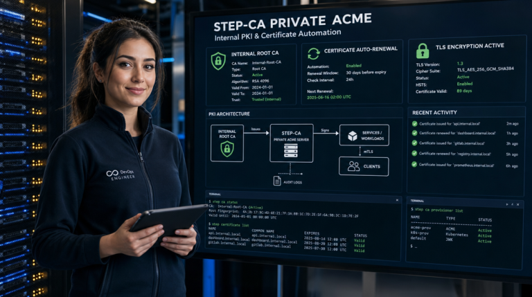 How to Deploy Step-CA with Docker Compose for Private Automated Certificate Management 9 DevOps-Ingenieurin konfiguriert Step-CA PKI und automatisierte ACME-Zertifikate in Docker Compose