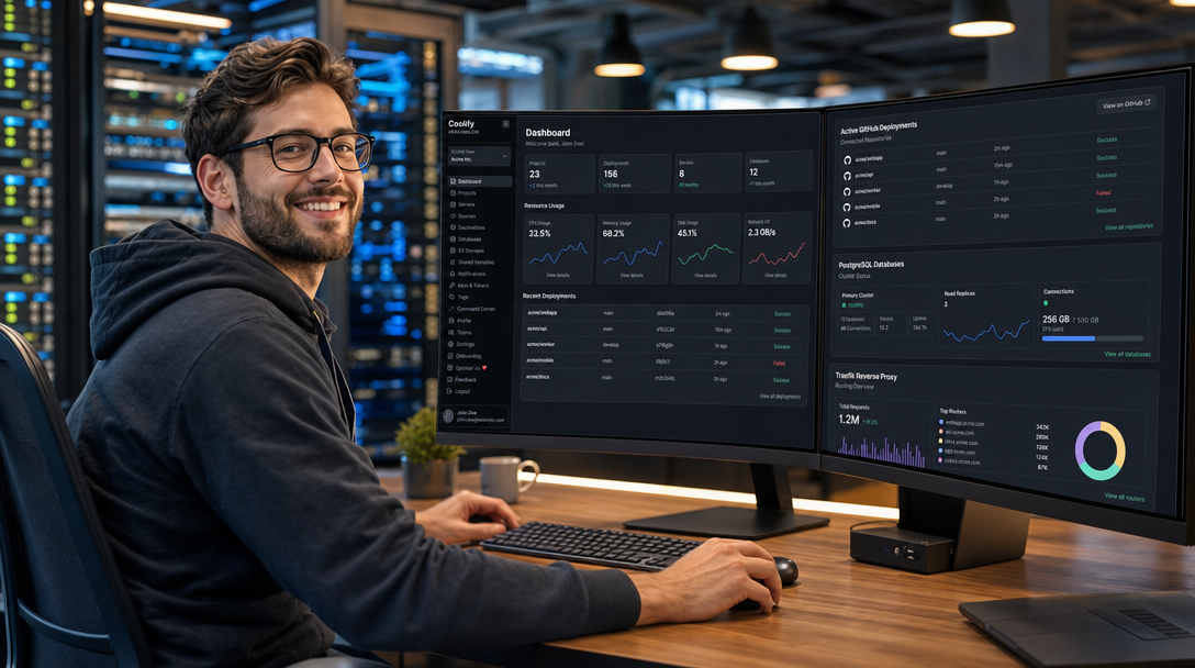 How to Self-Host Coolify with Docker Compose: The Open-Source Heroku and Vercel Alternative for Your Homelab and VPS 1 DevOps engineer managing self-hosted Coolify PaaS with Docker Compose and Traefik reverse proxy