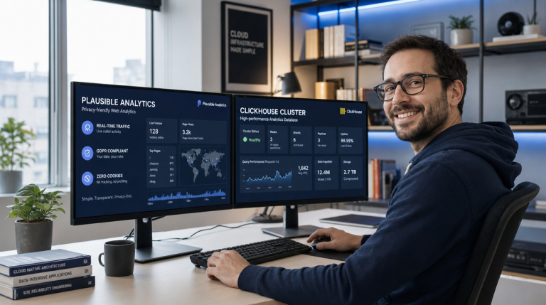 How to Self-Host Plausible Analytics with Docker Compose and ClickHouse: Lightweight Privacy-First Web Analytics 8 Cloud-Engineer analysiert datenschutzfreundliche Web-Statistiken mit Plausible Analytics und ClickHouse