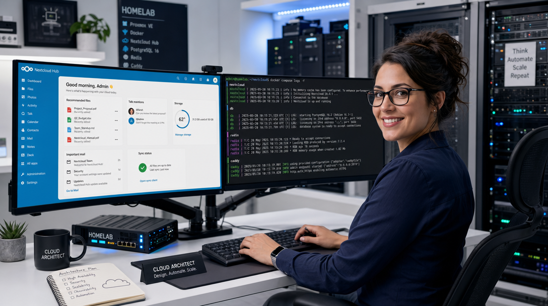 IT system architect deploying Nextcloud Hub with PostgreSQL, Redis, and Caddy using Docker Compose