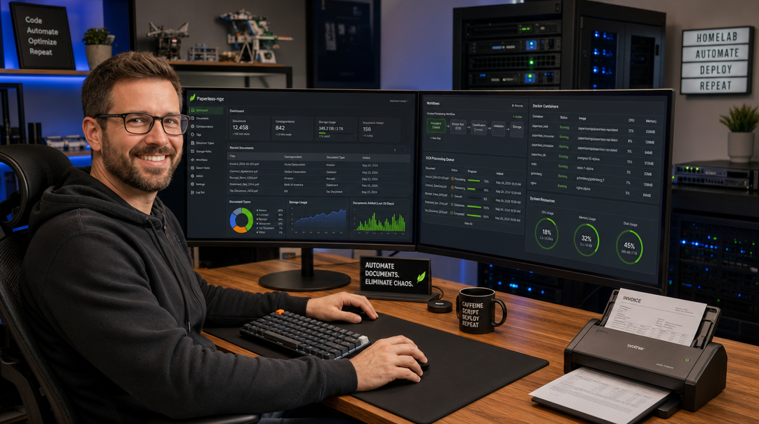 Ein IT-Systemingenieur richtet Paperless-ngx mit Docker Compose zur automatisierten Dokumentenarchivierung und OCR im Homelab ein