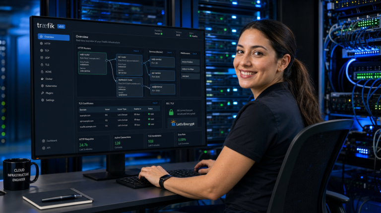 Deploy Traefik v3 Reverse Proxy on Docker with Automatic Let's Encrypt SSL and Docker Socket Proxy 4 Cloud-Infrastruktur-Ingenieurin bei der Konfiguration von Traefik v3 Reverse Proxy mit Docker Socket Proxy und Let's Encrypt SSL im Rechenzentrum