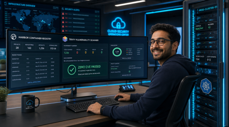 Enterprise Container Registry: How to Deploy Harbor with Trivy Vulnerability Scanning and TLS in Docker Compose 4 Cloud-Sicherheitsingenieur überprüft Container-Vulnerability-Scans in der Harbor Registry mit Trivy im modernen Operations Center