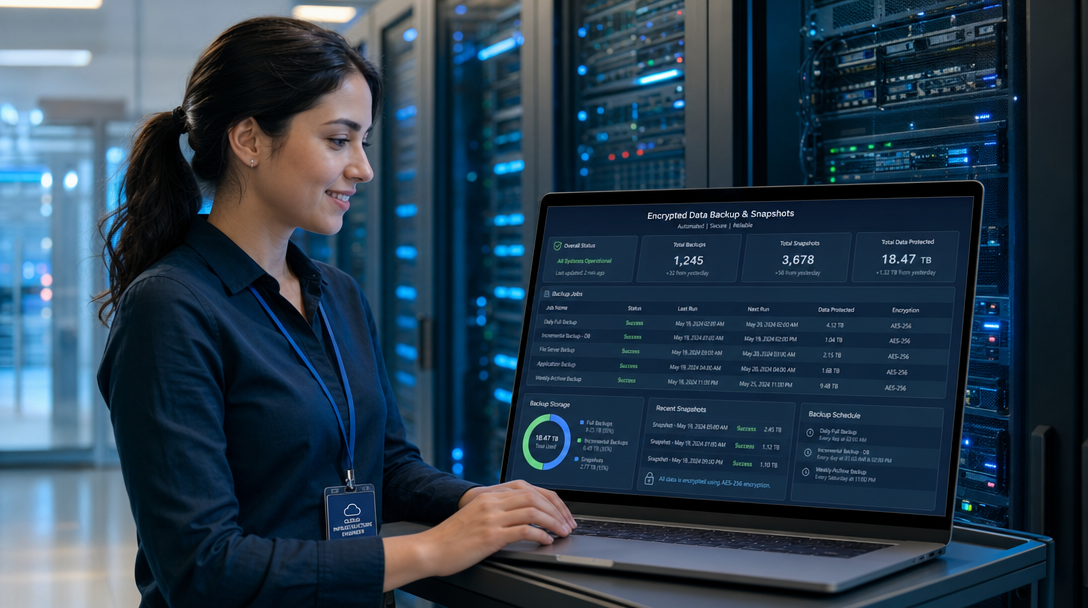 Cloud-Systemadministratorin überwacht verschlüsselte Kopia-Backups und Snapshots auf einem Laptop im modernen Rechenzentrum