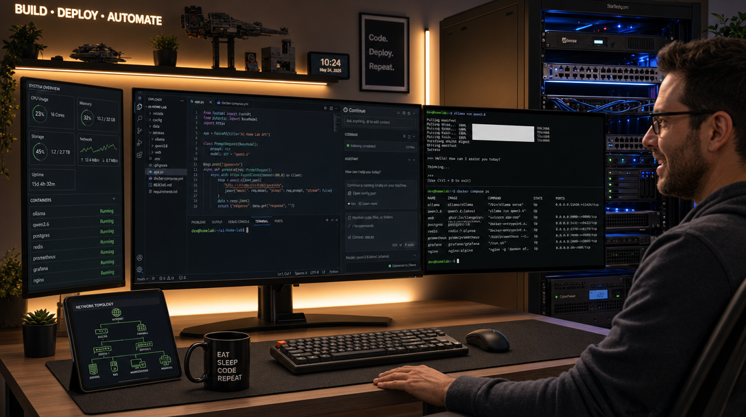 How to Self-Host Continue.dev with Ollama and Qwen 3.6 in Docker Compose for Private AI Coding 1 Developer using Continue.dev AI coding assistant connected to local Ollama and Qwen 3.6 running in Docker Compose