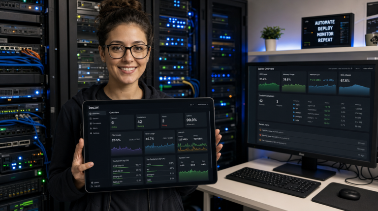 Self-Host Beszel with Docker Compose: Ultra-Lightweight Homelab Server Monitoring with Docker Metrics and Alerts 1 DevOps-Ingenieurin mit Tablet und modernem Beszel Server-Monitoring-Dashboard im Rechenzentrum