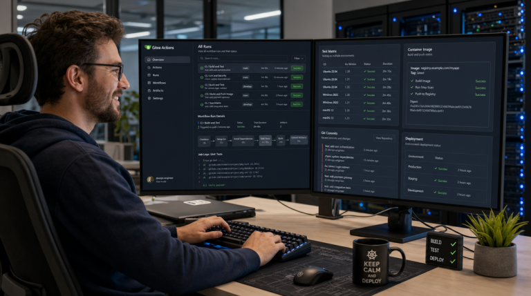 Private GitOps CI/CD: How to Deploy Gitea and Gitea Actions with Docker Compose 2 DevOps-Ingenieur überwacht automatisierte Gitea Actions CI/CD Pipeline im Büro