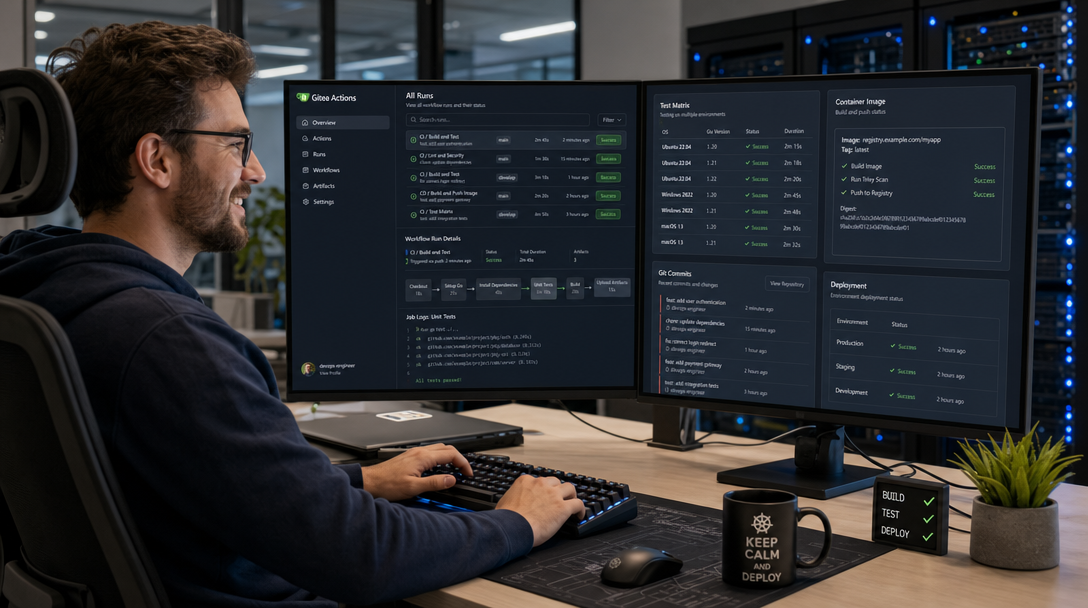 Private GitOps CI/CD: How to Deploy Gitea and Gitea Actions with Docker Compose 1 DevOps engineer monitoring automated Gitea Actions CI/CD pipeline on workstation monitors