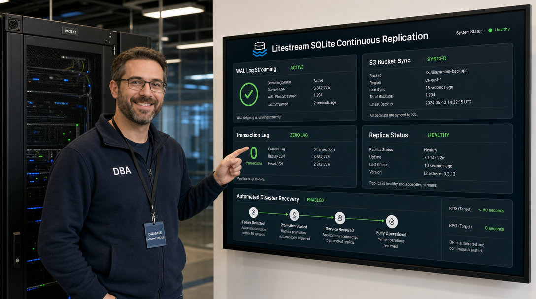 How to Deploy Litestream with SQLite and S3 Object Storage in Docker for Continuous Zero-Maintenance Replication 1 Datenbankadministrator ueberwacht Litestream SQLite Replikation in den S3 Objektspeicher
