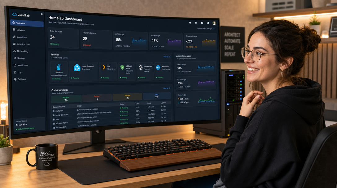 Cloud-Architektin konfiguriert ein modernes Homelab-Dashboard in Homepage mit Live-Metriken an einem Curved-Monitor