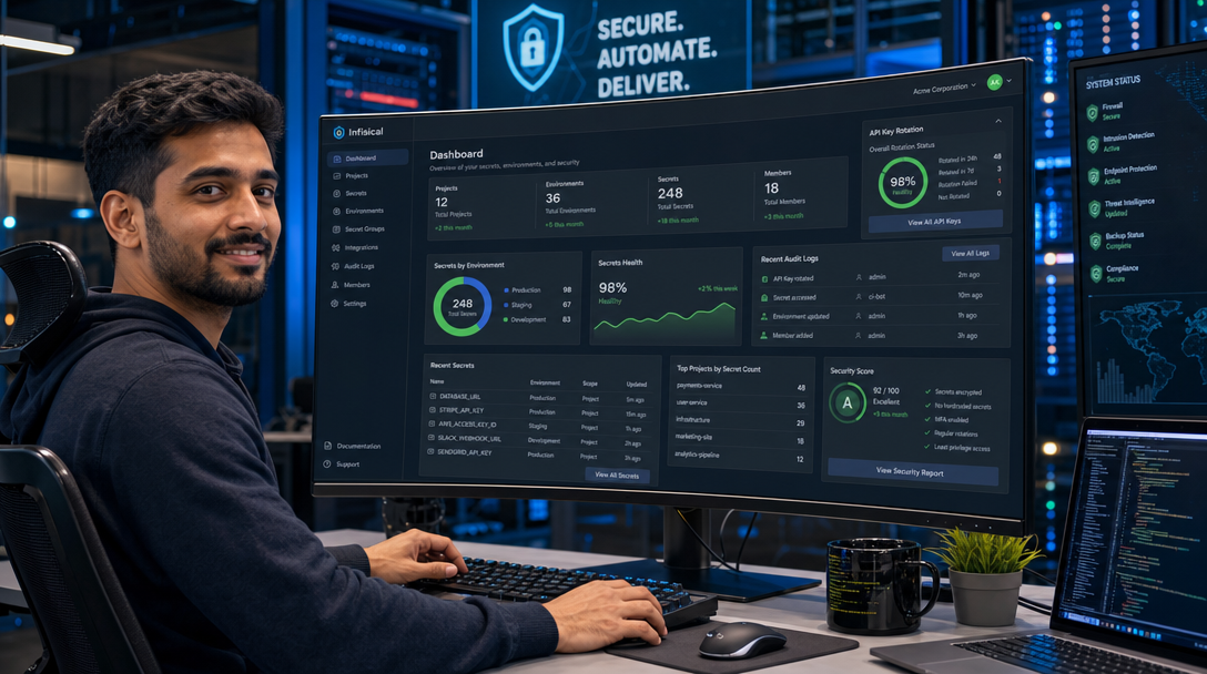 How to Deploy Infisical in Docker Compose for End-to-End Encrypted Developer Secrets Management 1 DevSecOps engineer configuring Infisical for end-to-end encrypted secrets management with Docker Compose