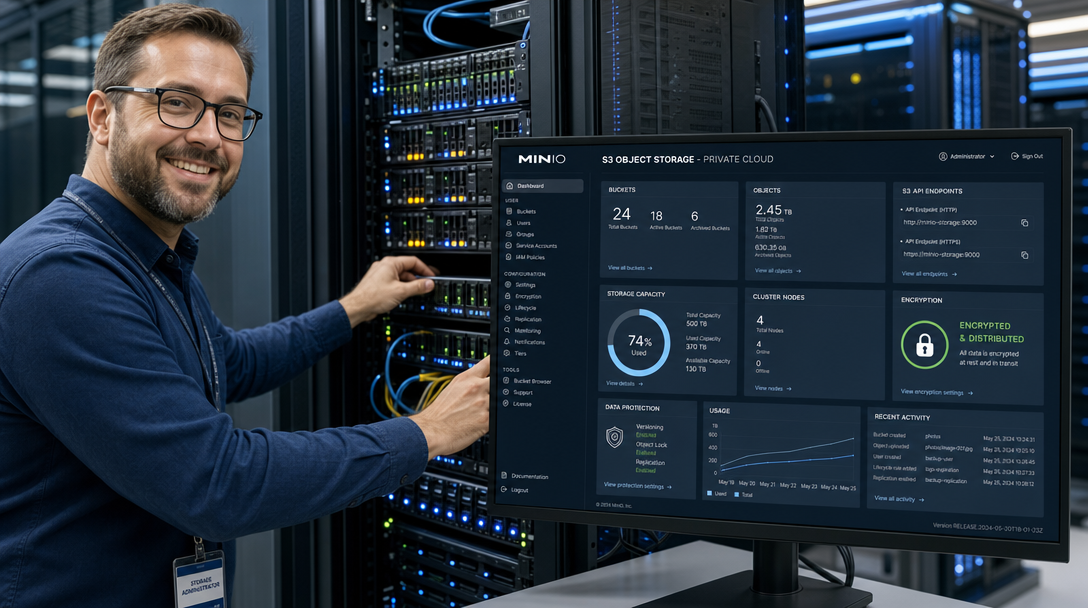 Self-Host S3-Compatible Object Storage with MinIO in Docker Compose 1 IT-Speicheradministrator bei der Konfiguration von MinIO S3-kompatiblem Objektspeicher mit Docker Compose im Serverraum
