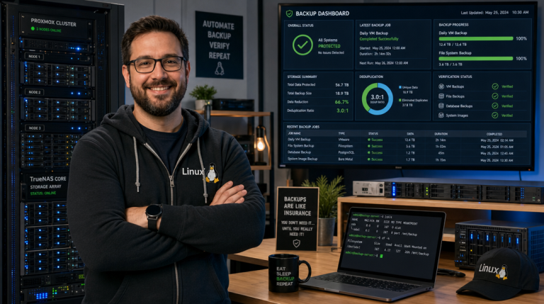 How to Automate Docker & Homelab Backups with Borgmatic and BorgBackup to Cloud S3 Storage 7 Linux Systemadministrator konfiguriert automatisierte Borgmatic Backups mit S3 Cloud Speicher im Serverraum