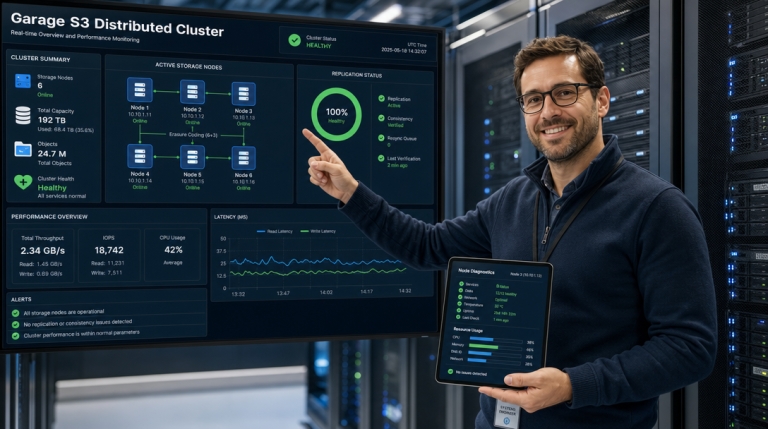 How to Self-Host Garage S3 Object Storage with Docker Compose for Multi-Node Geo-Distributed Storage 6 Systemadministrator ueberwacht verteiltes Garage S3 Speicher Cluster im Rechenzentrum