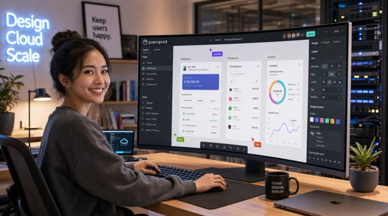 How to Self-Host Penpot with Docker Compose: Open-Source Collaborative Prototyping & Figma Alternative 5 UI/UX-Designerin arbeitet mit selbstgehostetem Penpot auf Docker Compose im modernen Tech-Studio