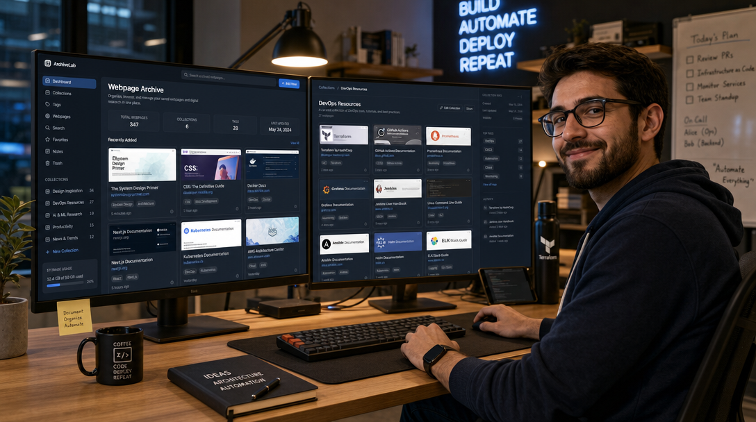 How to Self-Host Linkwarden with Docker Compose: Collaborative Bookmark & Webpage Archiving 1 Software-Entwickler organisiert digitale Lesezeichen und Webseiten-Archive mit Linkwarden im modernen DevOps-Büro