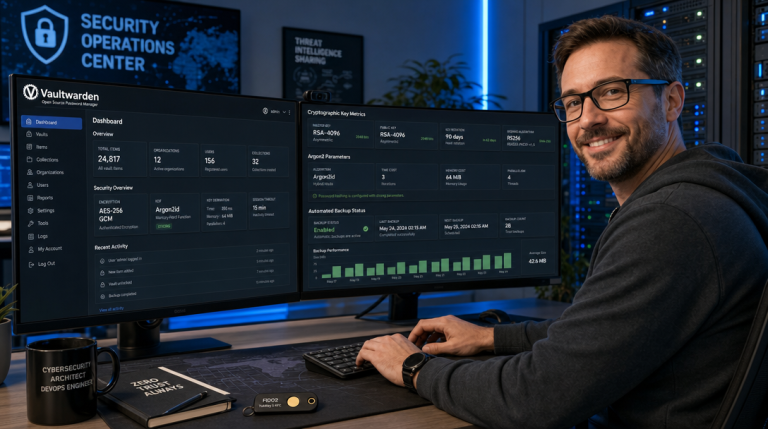 Self-Host Vaultwarden with Docker Compose and Caddy: Secure Secrets Management with Automated Encrypted Backups 1 Ein IT-Sicherheitsarchitekt richtet Vaultwarden mit Docker Compose und Caddy für sichere Passwort- und Geheimnisverwaltung im Rechenzentrum ein