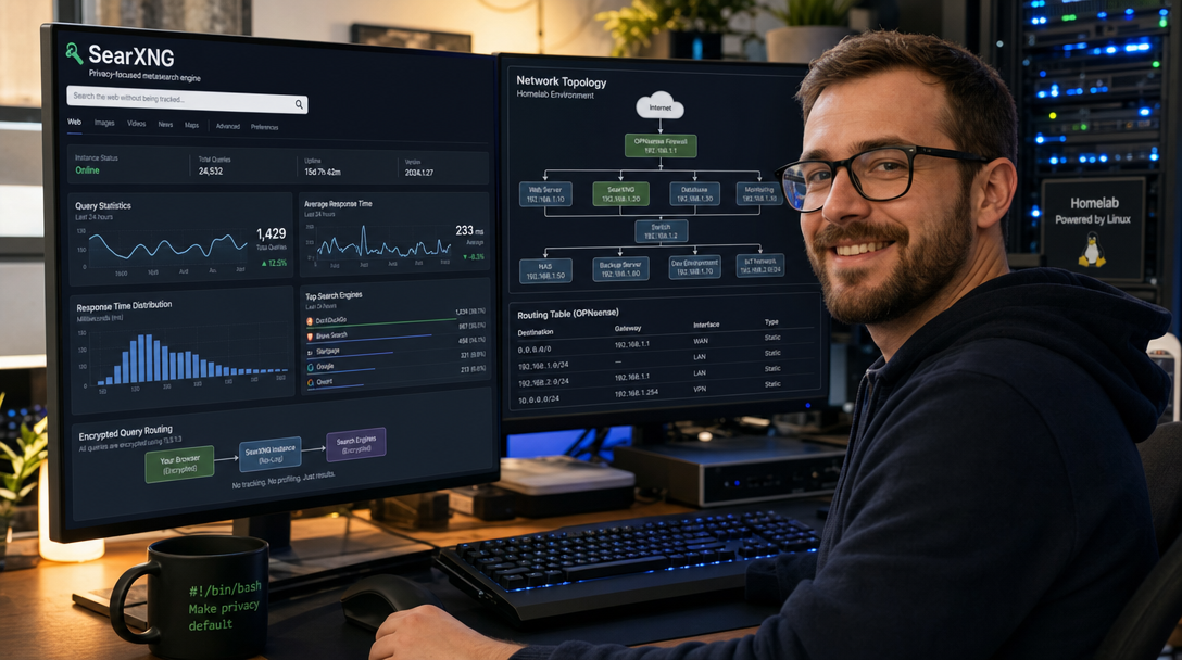 Linux systems administrator configuring self-hosted SearXNG metasearch engine with Docker Compose, Redis, and Caddy reverse proxy in a homelab