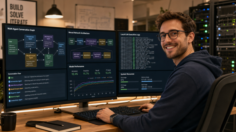 How to Deploy AutoGen Studio with Docker Compose and Ollama for Multi-Agent AI Workflows 1 Microsoft AutoGen Studio mit Ollama und Docker Compose bereitstellen - KI-Softwareentwickler an moderner Workstation mit Multi-Agenten-Workflow-Dashboards