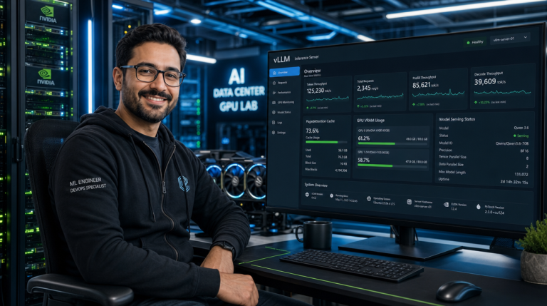How to Self-Host vLLM with Docker Compose: High-Throughput OpenAI-Compatible Inference for Qwen 3.6 on NVIDIA GPUs 6 DevOps-Ingenieur überwacht vLLM Inferenz-Server mit Qwen 3.6 und NVIDIA GPU Metriken