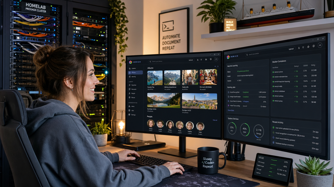 Systems engineer managing Immich photo backup dashboard and machine learning pipeline in homelab