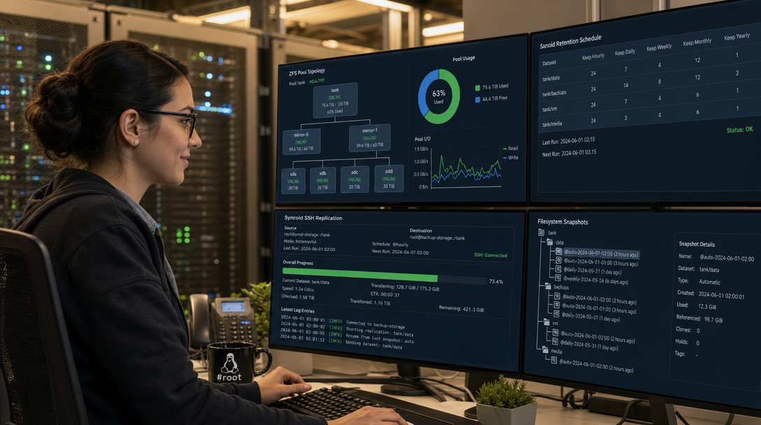 How to Automate ZFS Snapshots and Remote Replication with Sanoid and Syncoid 1 Linux systems engineer configuring automated ZFS snapshot pruning and remote replication with Sanoid and Syncoid