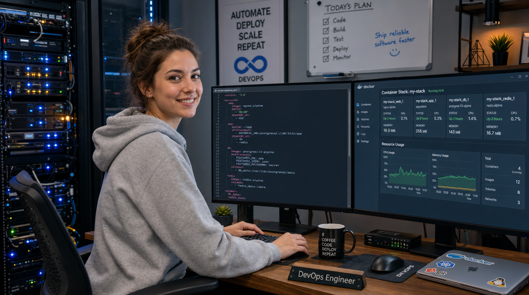 DevOps specialist managing Docker Compose stacks in Dockge on a modern workstation setup