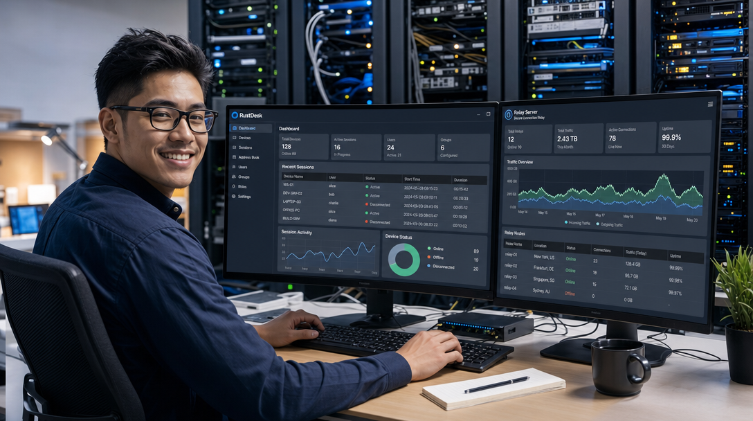 IT-Systemadministrator im modernen Büro mit RustDesk Remote-Desktop-Dashboard und Server-Infrastruktur